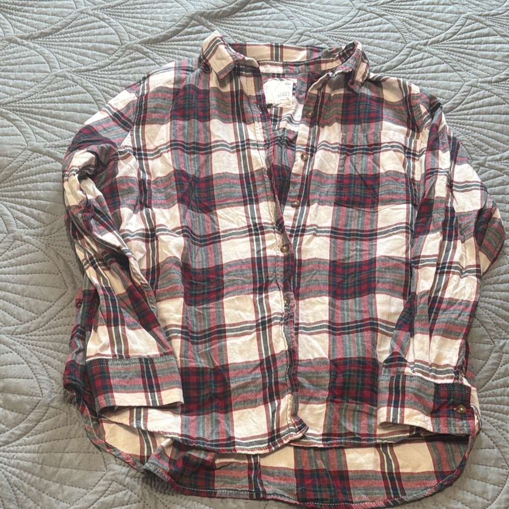 SO Plaid Button-Down Shirt in Cream, Red & Green